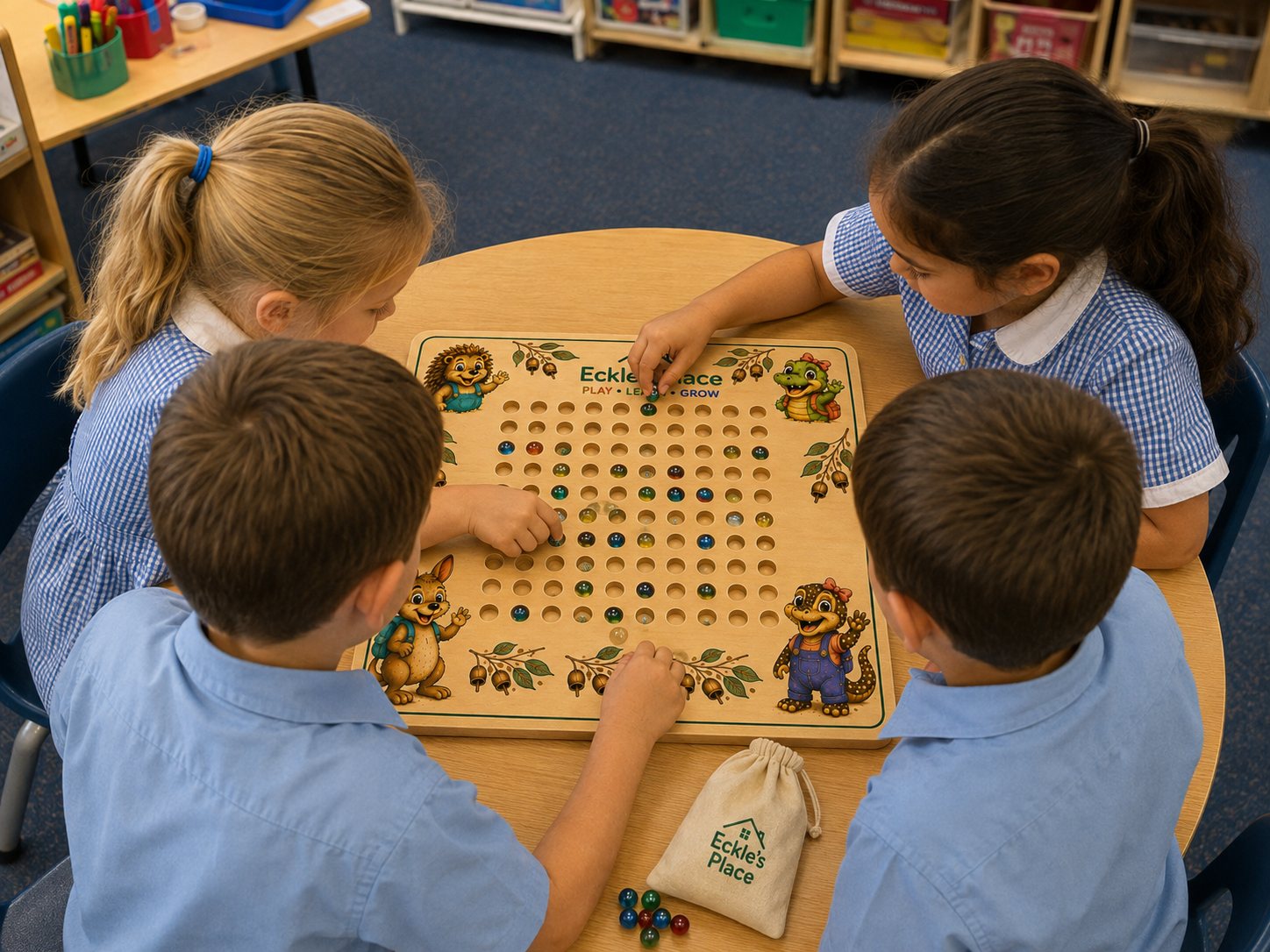 Primary students playing a hands-on maths game in the classroom
