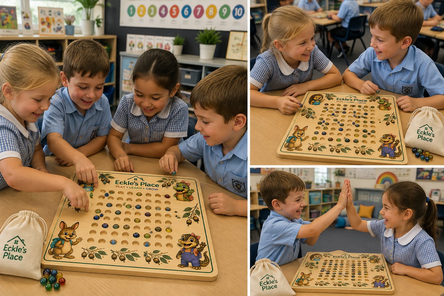 Students using Eckle's Place hands-on learning games in a primary classroom