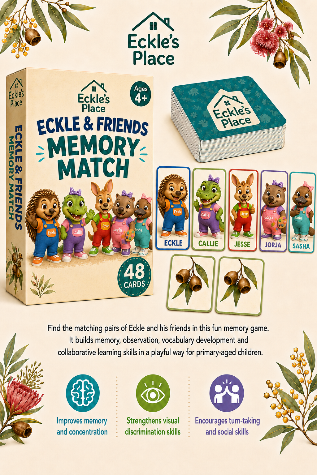 Eckle and Friends Memory Match game with 48 cards featuring Eckle, Callie, Jesse and Grace