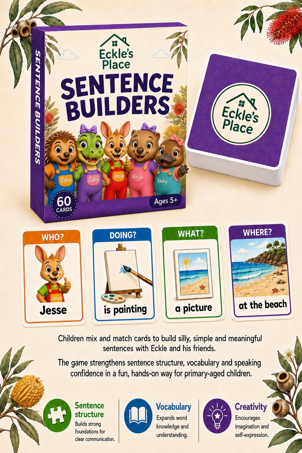 Eckle's Place Sentence Builders card game with Who, Doing, What and Where cards