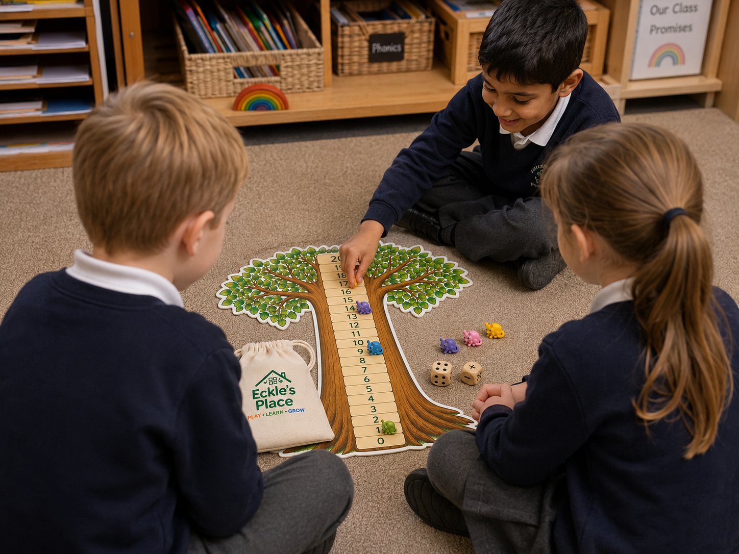 Students playing a magnetic number tree learning game